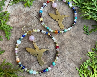 OOAK multi stone HUMMINGBIRD rainbow HOOP  earrings // Gold filled