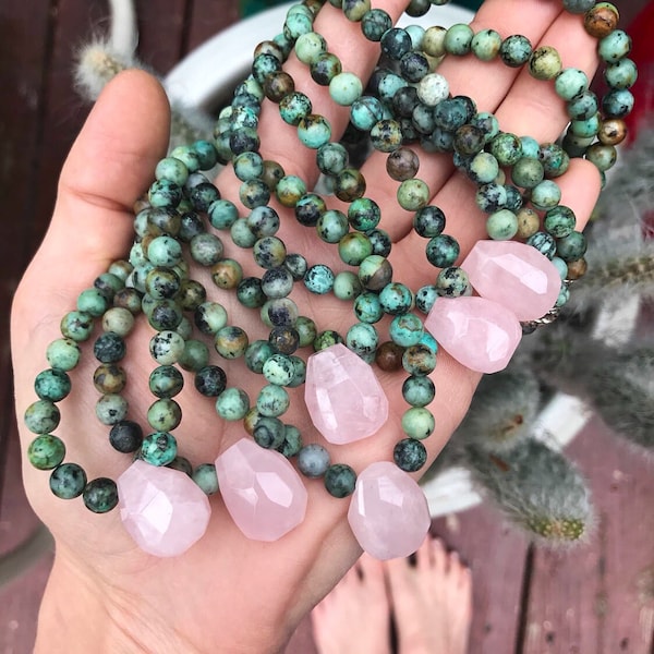restocked. ORIGINAL ROSE CHOKER // Rose quartz & African turquoise necklace // beaded choker // bff // bridesmaid // crystal necklace