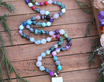 SELENITE & multi gemstone MALA // agate accents // 36” hand knotted crystal necklace