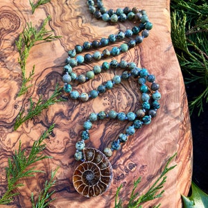 AMMONITE & african TURQUOISE MALA  // 36” hand knotted crystal necklace
