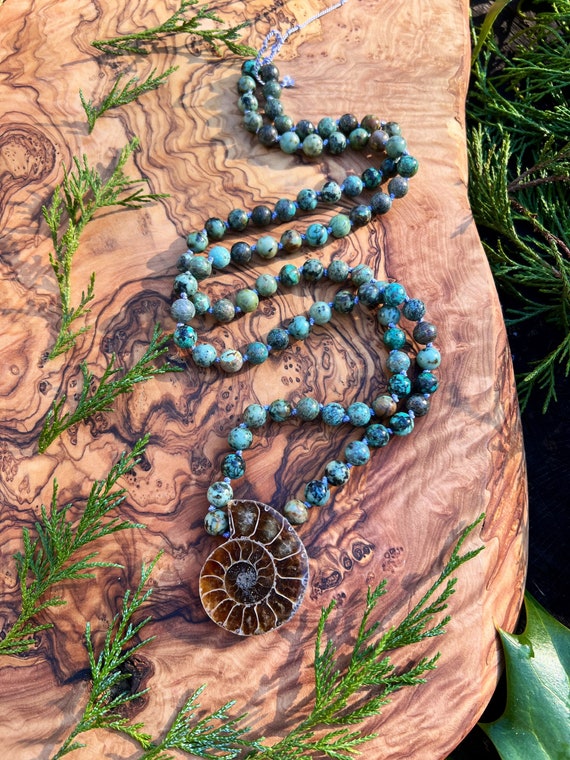 AMMONITE African TURQUOISE MALA // 36” Hand Knotted Crystal