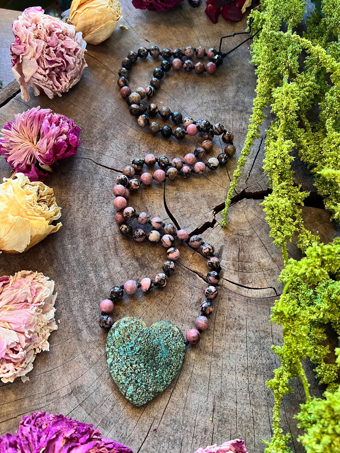African TURQUOISE Heart + RHODONITE Mala / / 36” Hand Knotted Crystal ...