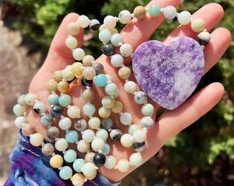 LEPIDOLITE HEART MALA with amazonite // 36” hand knotted crystal necklace