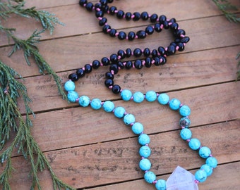 Remake QUARTZ SHUNGITE & Turquoise  MALA // 36” hand knotted crystal necklace