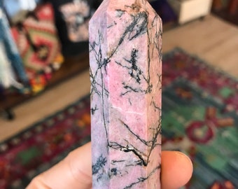 RHODONITE Tower // crystal collection carving // Crystal Point 4” tall