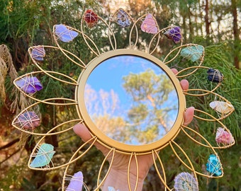 Crystal FLOWER MIRROR // Preorder 4-6 weeks wire  wrapped gold metal mirror // fairycore cottagecore crystals