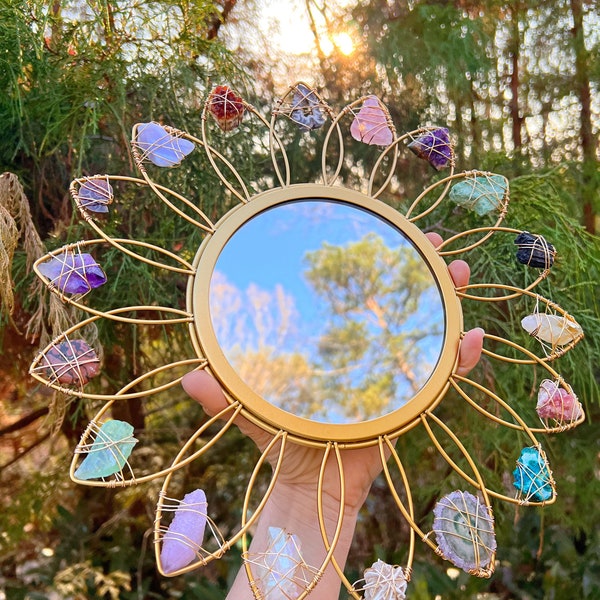 Crystal FLOWER MIRROR // Preorder 4-6 weeks wire  wrapped gold metal mirror // fairycore cottagecore crystals