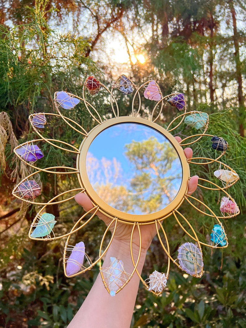 Crystal FLOWER MIRROR // Preorder 4-6 weeks wire wrapped gold metal mirror // fairycore cottagecore crystals image 1