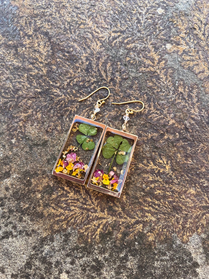 4 LEAF CLOVER earrings // gold filled earwires // resin flower petals & gold flake herkimer Diamond image 3