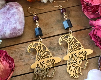 WITCH Earrings // GARNET + black tourmaline // Brass celestial dangle earrings //