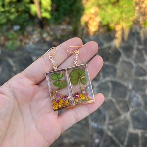 4 LEAF CLOVER earrings // gold filled earwires // resin flower petals & gold flake herkimer Diamond image 1