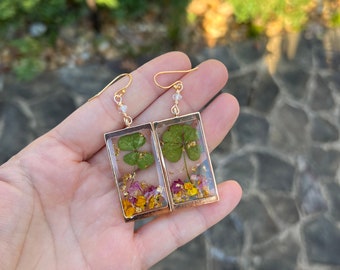 4 LEAF CLOVER earrings // gold filled earwires // resin flower petals & gold flake + herkimer Diamond