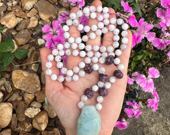 OOAK raw AQUAMARINE MALA necklace // raw Ruby & moonstone  // silk hand knotted necklace