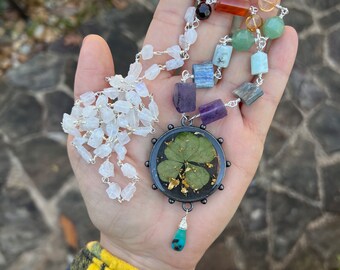 4 LEAF CLOVER necklace // African Jade & Citrine  // recycled upcycled // mushroom and lavender