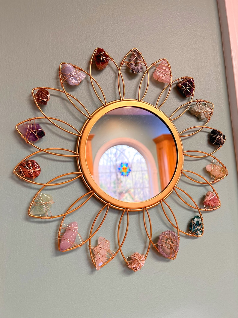 Crystal FLOWER MIRROR // Preorder 4-6 weeks wire wrapped gold metal mirror // fairycore cottagecore crystals image 5