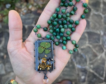 4 LEAF CLOVER necklace // African Jade & Citrine  // recycled upcycled // mushroom and lavender