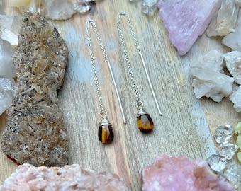 TIGERS EYE THREADER earrings // Sterling silver 4” long