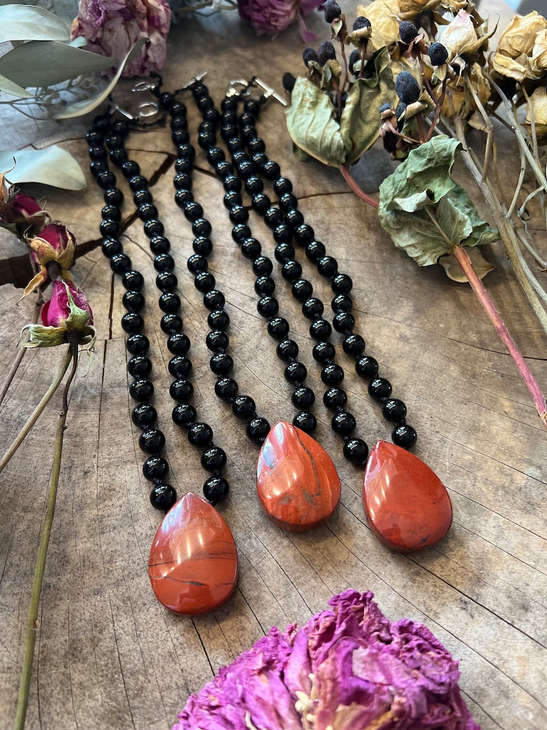 Hand knotted Gemstone necklace // RED JASPER & OBSIDIAN // gemstone necklace // 16 long gameday image 3