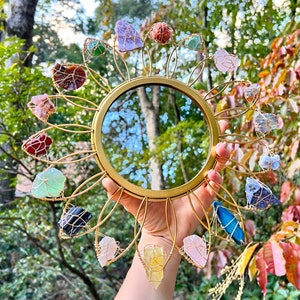 Crystal FLOWER MIRROR // Preorder 4-6 weeks wire wrapped gold metal mirror // fairycore cottagecore crystals image 2