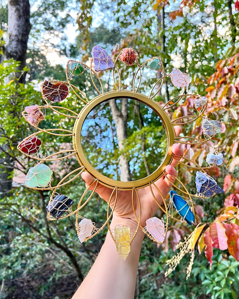Crystal FLOWER MIRROR // Preorder 4-6 weeks wire wrapped gold metal mirror // fairycore cottagecore crystals image 2