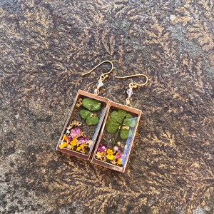 4 LEAF CLOVER earrings // gold filled earwires // resin flower petals & gold flake herkimer Diamond image 4