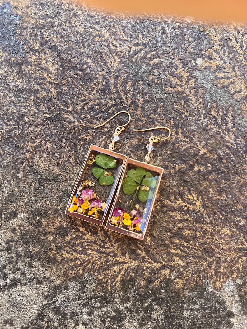 4 LEAF CLOVER earrings // gold filled earwires // resin flower petals & gold flake herkimer Diamond image 4