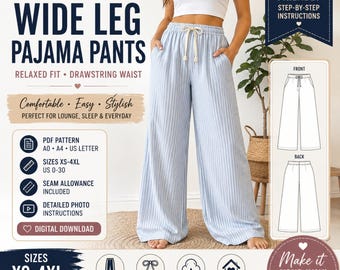 Wide Leg Pajama Pants Sewing Pattern PDF | Relaxed Lounge Pants | Drawstring Waist | A0 A4 US Letter | XS-4XL