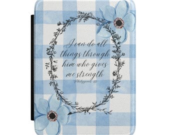 Blue Scripture Kindle Case: Saffiano Leatherette, Magnetic Sleep/Wake (7" Paperwhite)
