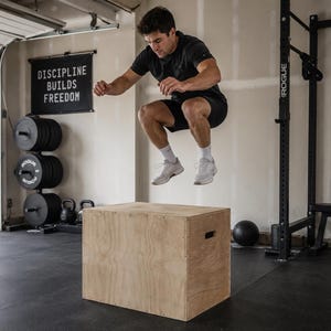 May include: A light-colored wooden plyometric box with rectangular cut-out handles on the sides. The box features a smooth, light brown finish with visible wood grain and is constructed with metal screws along the edges of the panels.