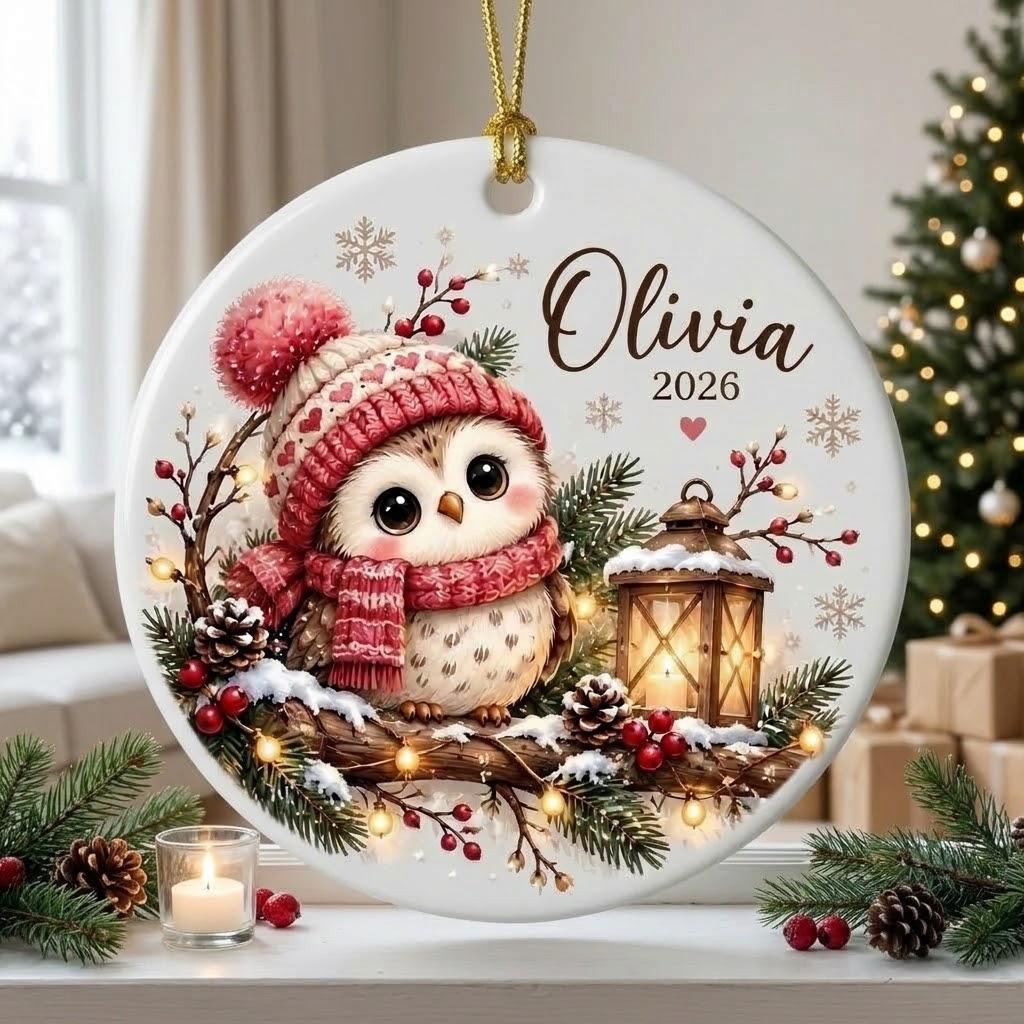 Personalized Owl Christmas Ornament, Custom Winter Owl Ornament, Cute Owl Lover Gift, Baby Owl Keeps