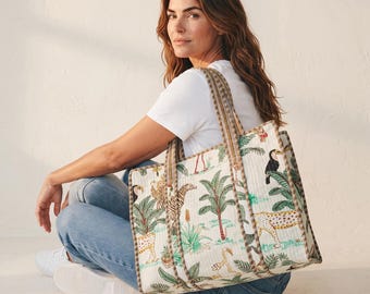 Quilted Cotton Tote Bag | Block Print Shoulder Bag, Beach, Travel, Everyday Use