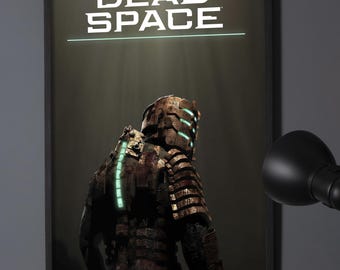 May include: A framed poster featuring the Dead Space logo in white text at the top, with a dark, weathered armored figure standing below. The figure wears a metallic suit with glowing cyan light strips along the helmet and spine against a dark background.