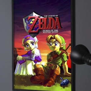 May include: A framed poster featuring The Legend of Zelda: Ocarina of Time Master Quest artwork. The image displays a character in green clothing and a character in a white and purple dress sitting on grass, with a blue ocarina and a shield logo above.