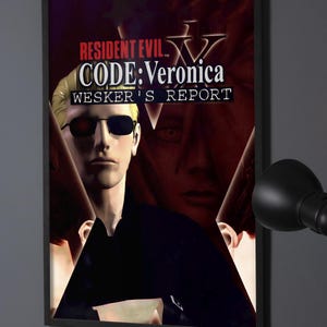 May include: A framed poster featuring the title Resident Evil Code: Veronica Wesker's Report. The artwork displays a blonde character wearing dark sunglasses against a dark red and black background with a large Roman numeral V in the center.