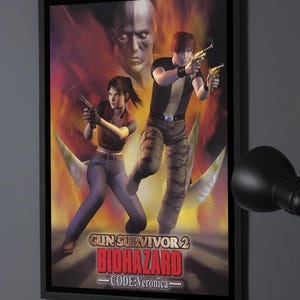 May include: A framed poster featuring the video game Gun Survivor 2 Biohazard Code: Veronica. The artwork displays two characters holding handguns against a fiery orange and yellow background with a large, pale, looming face in the upper center.