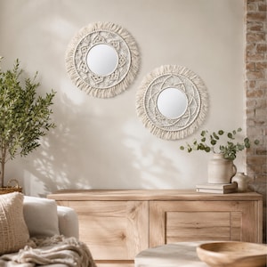 Boho Macrame Wall Mirror Set, 2 Round Hanging Mirrors with Fringe, Rustic Nursery Bedroom Living Room Decor