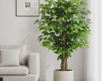 4FT Artificial Ficus Tree, Lifelike Silk Leaves, Natural Wood Trunks Home Decor