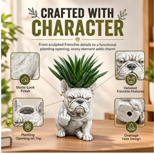 May include: A gray French bulldog planter with a stone-look finish, featuring a green succulent in the top opening. The dog figure has detailed facial features and is gesturing with a middle finger. Text includes "CRAFTED WITH CHARACTER".