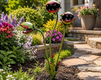 25 Inch Whimsical Metal Carnivorous Plant Garden Stake, Large Monster Plant Yard Art