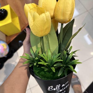 Artificial Yellow Tulip Potted Flower Arrangement in Black Metal Bucket