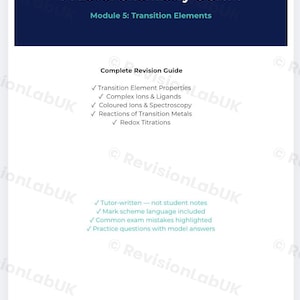 May include: A-Level Chemistry OCR A revision guide. The cover is dark blue with white text, including "Module 5: Transition Elements." The guide includes topics like Transition Element Properties and Redox Titrations. It is tutor-written with practice questions.