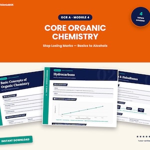 May include: An educational study guide titled Core Organic Chemistry OCR A Module 4, featuring three white pages with dark blue headers and teal accents. The pages display key definitions, chemical formulas, and a boiling point graph.