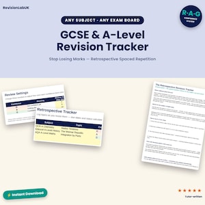 May include: A digital revision tracker for GCSE and A-Level students featuring a R.A.G. confidence system. The document includes review settings, a retrospective tracker table for subjects and topics, and a guide titled The Retrospective Revision Tracker.