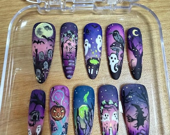 Halloween Press On Nails, Spooky Ghost Witch Nails, Purple Haunted Night Fake Nails, Pumpkin Bat Custom Nails