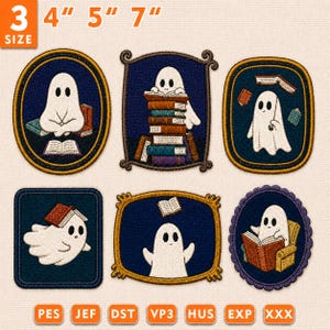 May include: Six embroidered patches featuring white ghosts in dark blue frames. The designs include ghosts reading books, sitting on stacks of books, or floating with open books. The text 3 SIZE 4" 5" 7" appears at the top, and file formats are listed at the bottom.