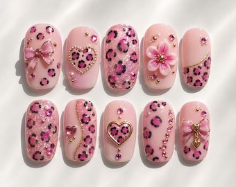 Pink Leopard Press On Nails, Bow Heart Glitter Nails, Cute Kawaii Fake Nails, Bling Short Square Nail Set