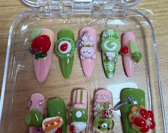 Kawaii Press On Nails, 3D Dessert Food Nails, Cute Animal Sweets Fake Nails, Pastel Custom Nails