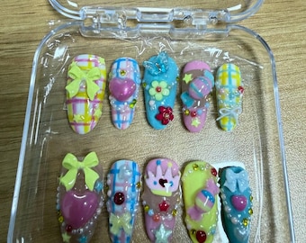 Pastel Kawaii Press On Nails, 3D Bow Heart Nails, Plaid Checkered Fake Nails, Pearl Rhinestone Y2K Cute Custom Nails