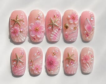 Pink Beach Press On Nails, Starfish Flower Pearl Nails, Cute Summer Fake Nails, Glossy Short Square Nail Set
