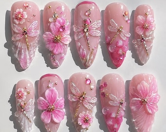 Pink Dragonfly Press On Nails, 3D Flower Butterfly Nails, Fairycore Bling Fake Nails, Luxury Almond Nail Set